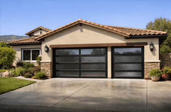 Modern insulated garage doors on a Newhall home featuring energy-efficient design and professional installation by Archway Garage Doors.